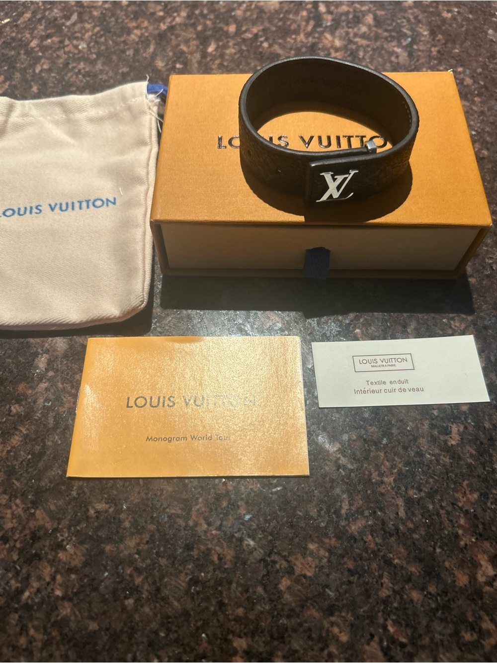 Louis Vuitton Black Leather LV Plaque Bracelet